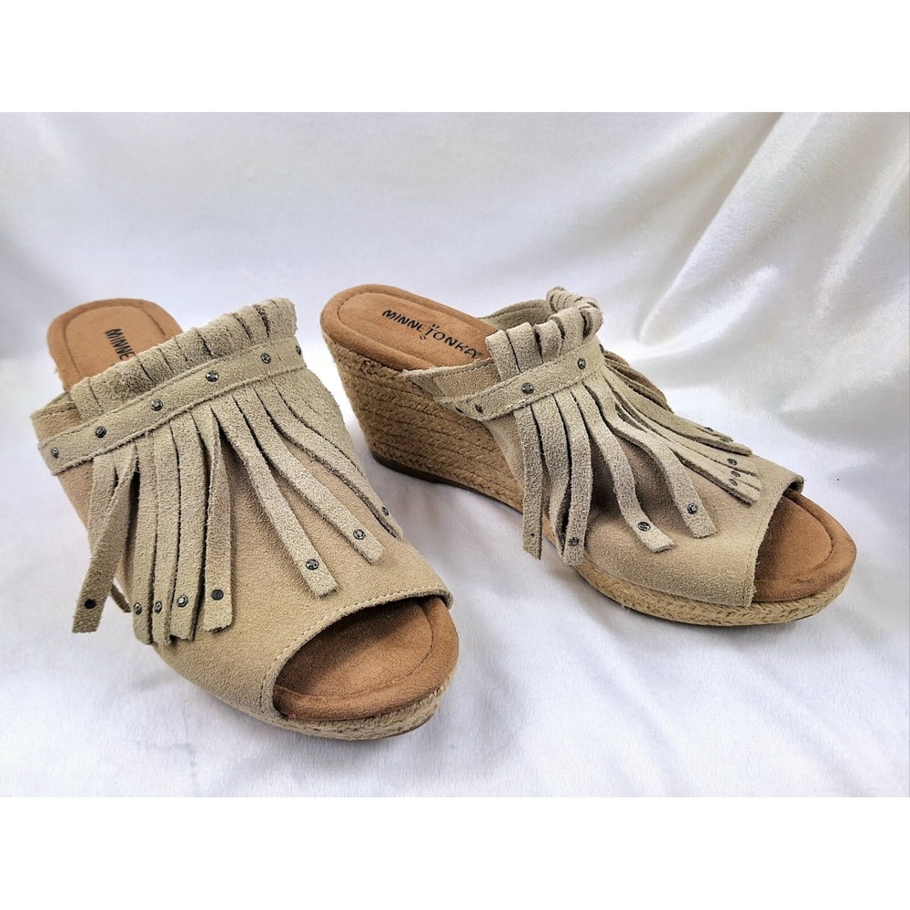 Minnetonka Tan Suede Fringe Espadrille Wedge Slides